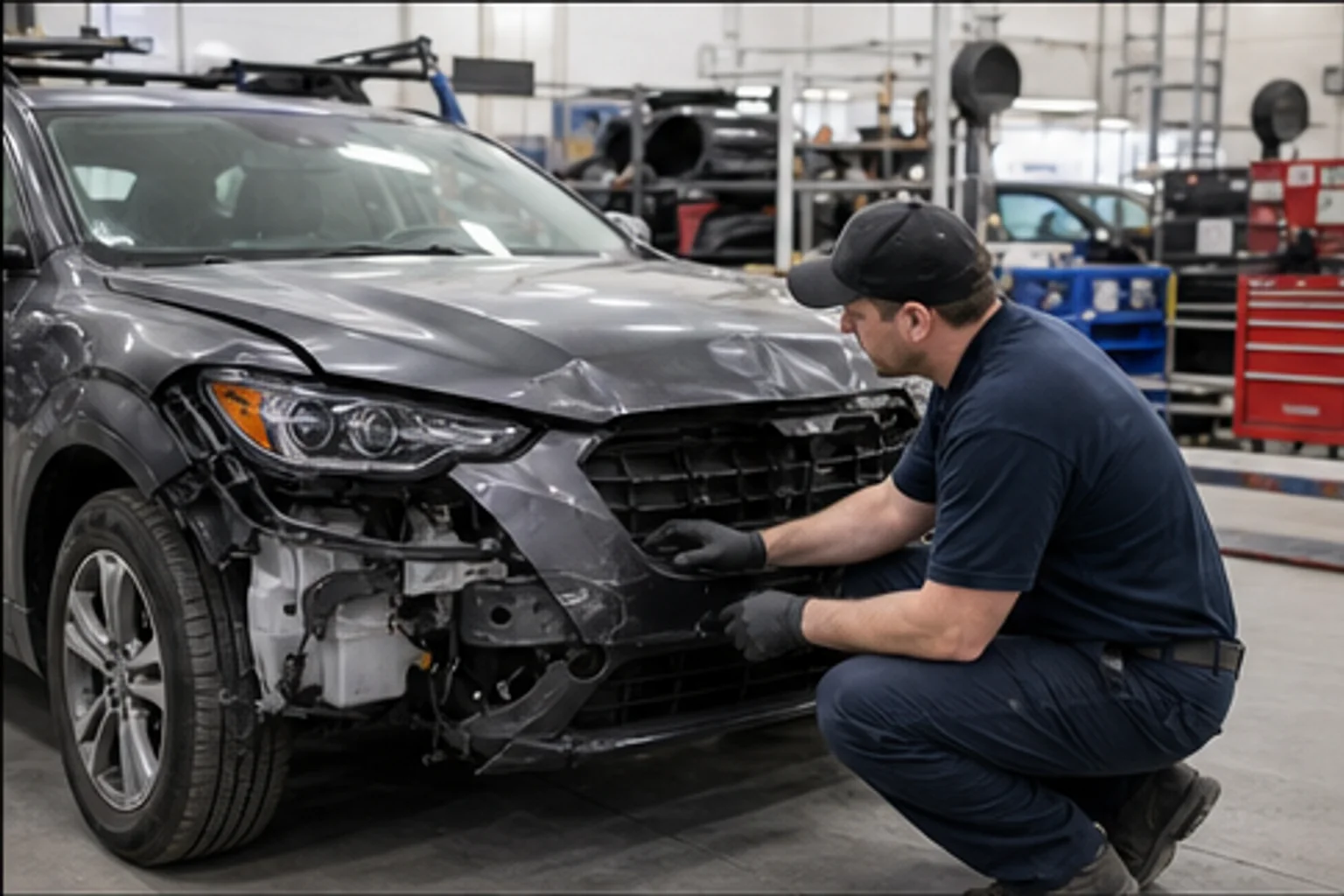 Technician inspecting collision damage inside the Invisible Touch body shop